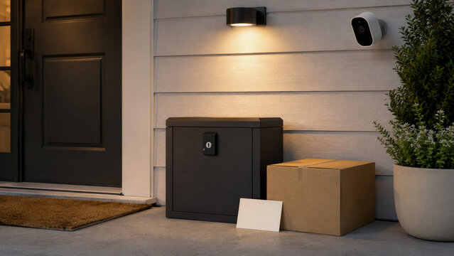 Modern residential entryway featuring smart security camera, bright outdoor lighting, secure package delivery locker, and cardboard box, ensuring safe home deliveries.