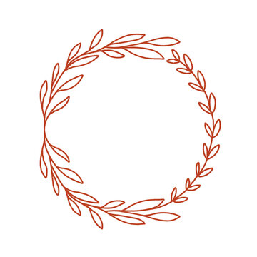 Half Leaf Wreath Circle Frame Terracotta Botanical Line Art PNG