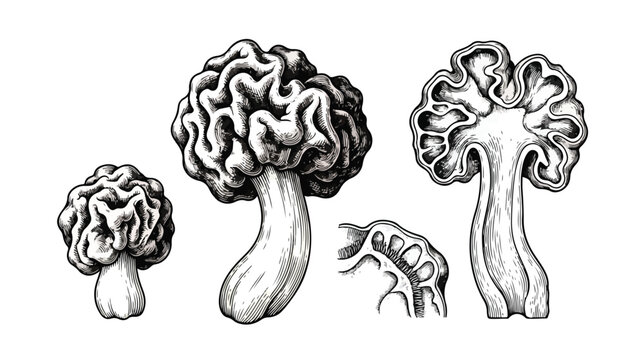 Vintage morel mushroom botanical illustration, hand drawn edible fungi sketches, black and white forest mushroom vector set for culinary design