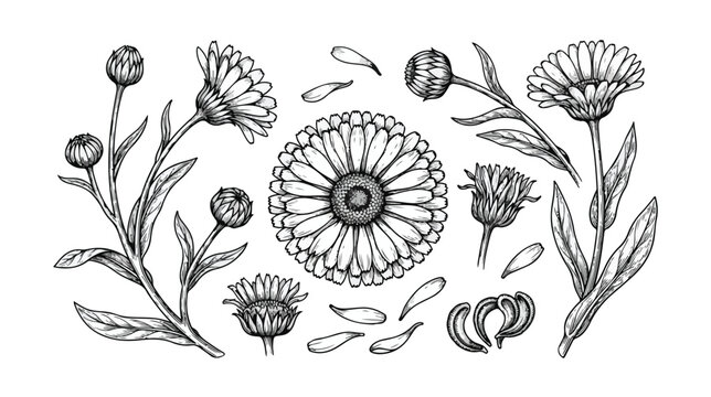 Vintage calendula flower botanical illustrations, hand drawn marigold floral sketches, black and white medicinal herb vector set for organic branding