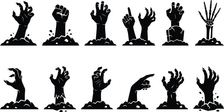 Set of twelve black silhouette hands emerging from ground on transparent background