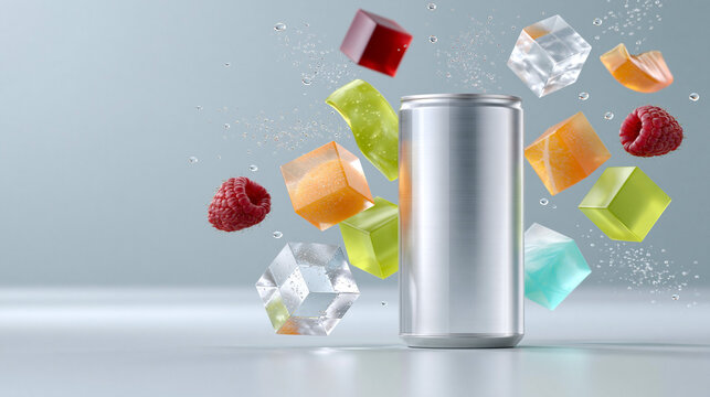 Colorful gummy candies and ice cubes floating around blank silver can, refreshing sweet beverage concept with playful vibrant aesthetic