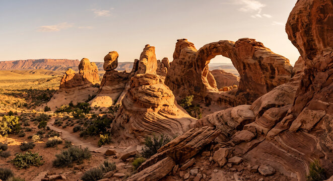 Stunning landscape of natural sandstone arches in a desert canyon at sunset with golden light illuminating the rock formations.