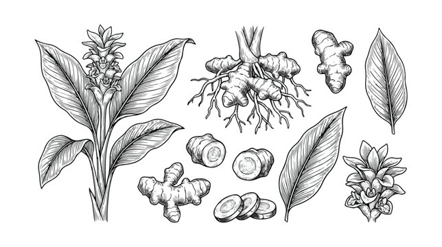 Vintage turmeric botanical illustration set, hand drawn curcuma longa plant with root and flower, black and white herbal spice vector sketches
