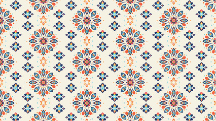 Fototapeta premium Geometric floral diamond pattern vector with orange, blue, and teal motifs on cream background, decorative textile tile design