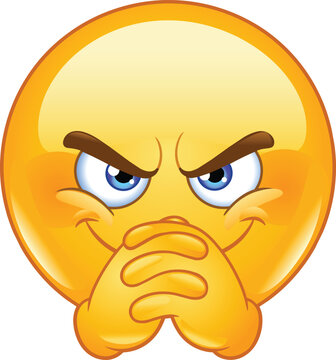Emoji Emoticon with a mischievous smirk, narrowed blue eyes, and folded hands, expressing scheming, plotting, confidence, or anticipation.