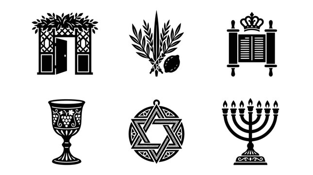 Traditional Jewish religious icons set including sukkah and menorah