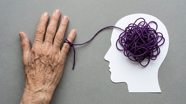 World Alzheimers Day Concept with Purple String and Senior Hand