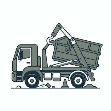 Industrial skip loader truck with mechanical arm for waste management and construction debris removal