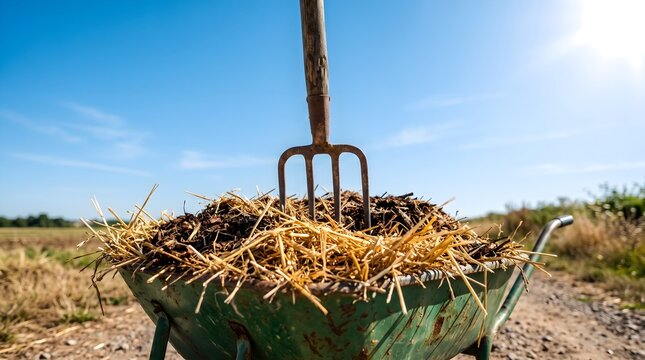 Wheelbarrow with organic manure and hay straw with a pitchfork in a sunny farm field landscape sustainable organic farming and agriculture concept