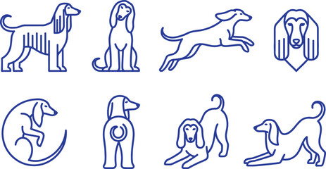 Fototapeta premium Afghan Hound Dog Minimal Line Art Vector Collection with Standing, Sitting, Running, Playing, Portrait, and Elegant Breed Outline Illustrations