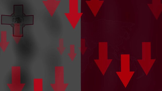 Economic Downturn Abstract: Red downward arrows and a cross symbol convey a sense of financial decline and crisis, representing negative market trends and economic hardship.