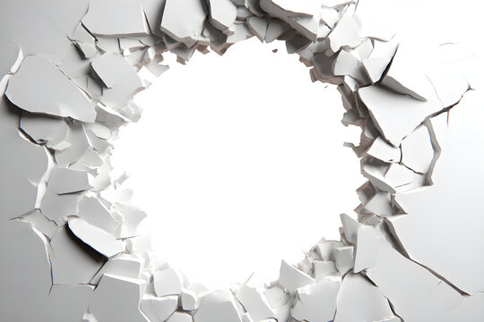 Shattered white wall with circular hole, broken plaster fragments around empty center, cracked concrete surface background