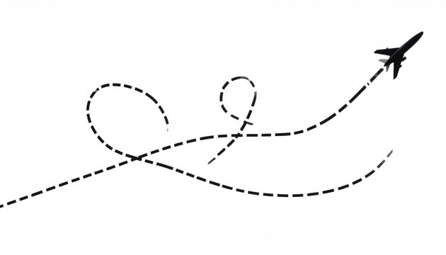 Silhouette of a jet airplane in flight, leaving a dashed line trail