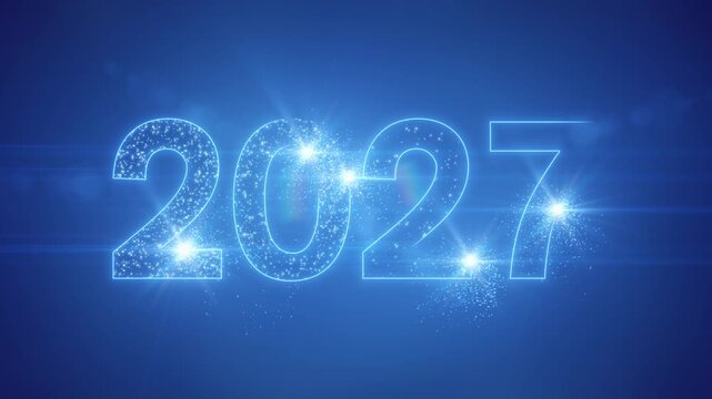 Video animation of abstract neon light with the numbers 2027 over blue background - represents the new year - vacation concept.