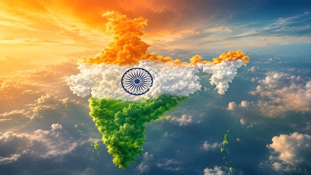 India map shaped clouds with tricolor theme for independence day celebration