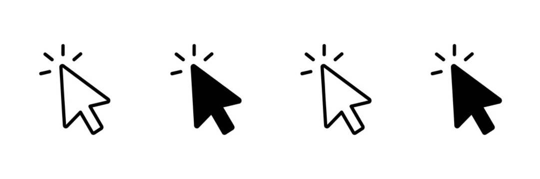 Set of four computer mouse pointer arrow icons in white and black with interface computer navigation technology selection isolated