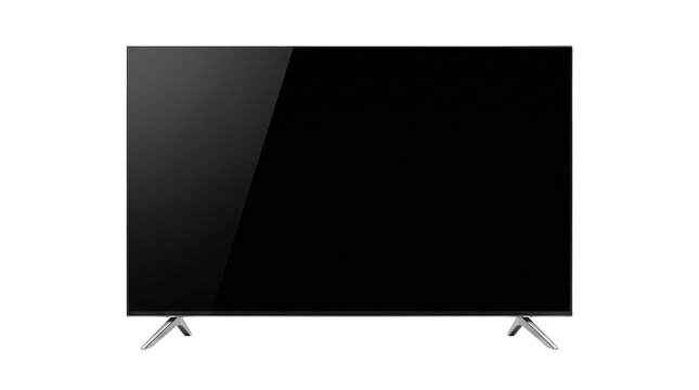 Modern smart TV with blank black screen, sleek television mockup with metallic stand, high definition display for home entertainment isolated on Transparent Background