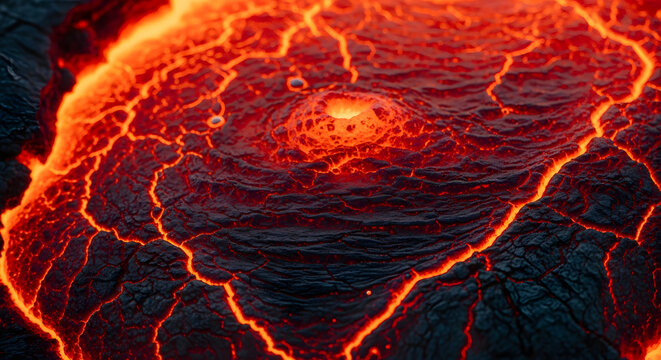 Molten lava flows through cooling cracked volcanic rock surface