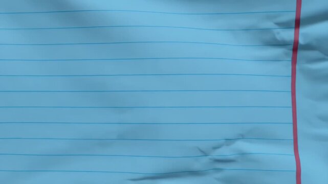 A close-up view of creased light blue lined paper with a red margin line.