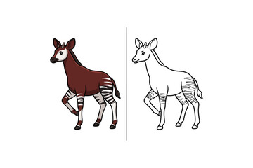 Obraz premium Cute Cartoon Okapi Character Set with Color and Outline Illustration