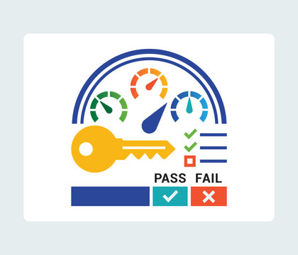 Cyber security dashboard meter vector icon with key pass fail evaluation for system safety audit
