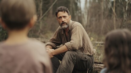 Fototapeta premium A middle aged man with a beard wearing natural clothing engaging with children in a serene forest environment