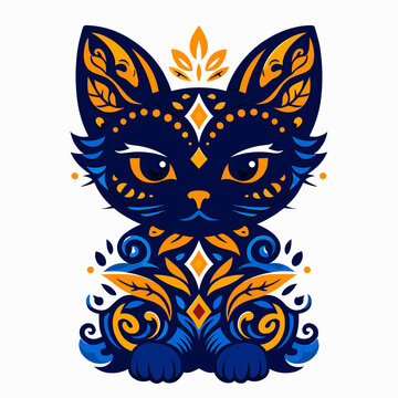 ornate dark blue cat kitten character featuring vibrant orange floral leaf pattern swirls mystical Mexican folk art style sitting domestic feline mascot portrait graphic artwork design

