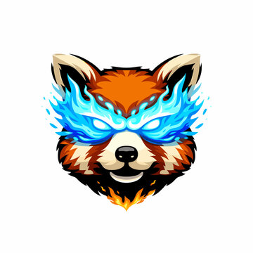 Fierce Powerful Red Panda Head Mascot Logo Blue Fire Eyes Mask Glowing Burning E-sports Gaming Beast Spirit Emblem Badge Graphic Illustration Design Element
