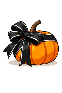 vibrant orange pumpkin tied elegance black ribbon bow coquette style spooky gothic autumn fall seasonal harvest halloween celebration decorative icon symbol graphic artwork design element
