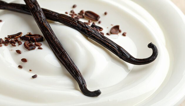 Close-up yogurt with vanilla bean speck distribution texture detail