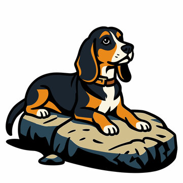 Cute Beagle Hound Dog Character Lying Down On Rock Stone Platform Loyalty Companion Pet Mascot Emblem Graphic Badge Illustration Artwork Design Portrait
