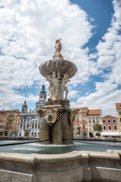 Historic Samson Fountain in front of the Town Hall on Přemysl Otakar II Square in Česk&eacute; Budějovice, Czechia.