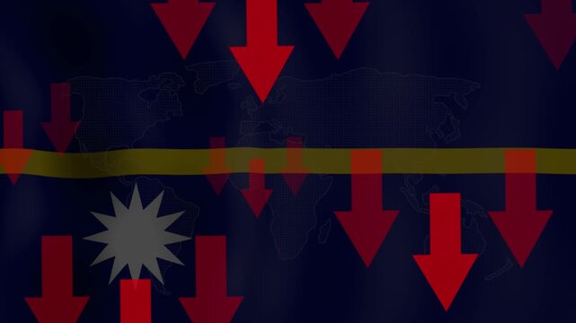 Economic Downturn: A symbolic representation of economic decline with downward-trending red arrows superimposed on a national flag, signifying a period of recession or financial hardship.
