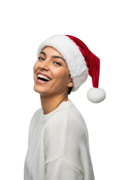 young hispanic woman, late 20s, wearing a cozy cashmere sweater and festive velvet santa hat, captured mid-laugh in a bright high-key studio with white copy space. concept of pure holiday cheer