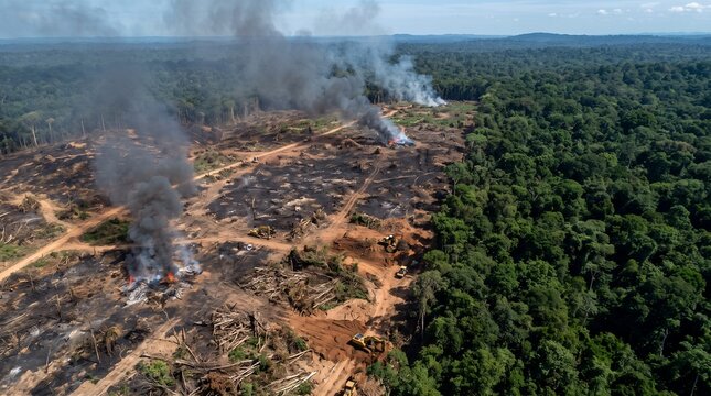 Aerial rainforest cleared for development with smoke rising from burning trees, carbon emissions caused by deforestation