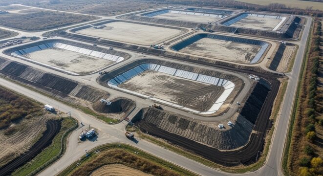 Extensive Landfill Operation and Construction Site with Multiple Water Containment Ponds