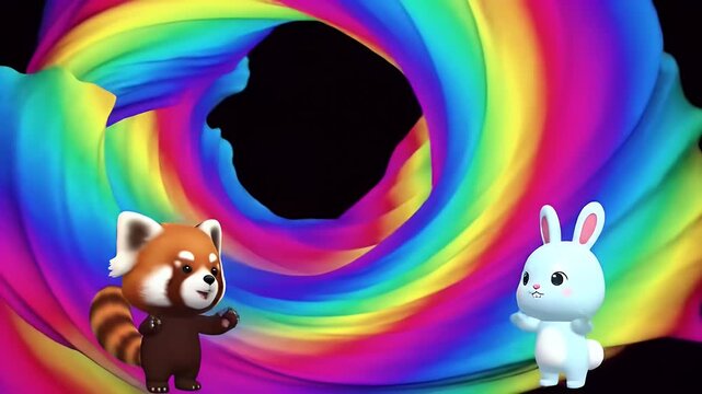 A whimsical 3D render featuring a red panda and a bunny in front of a swirling rainbow.