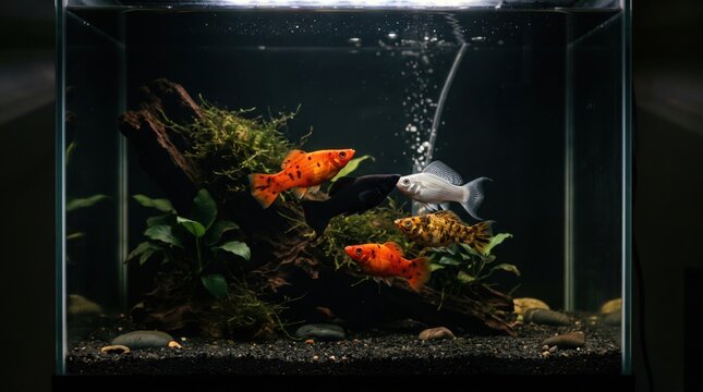 Aquarium Molly Fishes Swimming on Dark Background