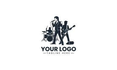 Obraz premium Black Image Vector Logo of Rock Band Concert Performance, Singer Guitarist and Drummer Show Isolated on White Background