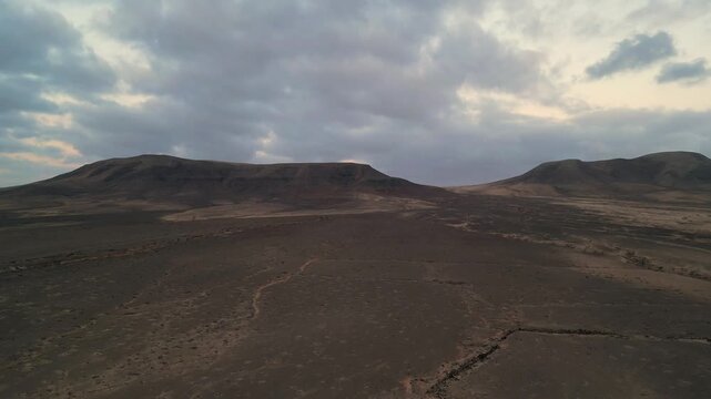 Aerial view of the volcanic landscape near El Cotillo, Canary Islands, Spain.
