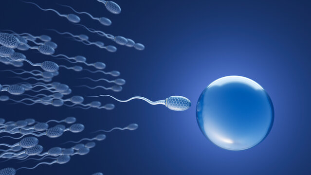 Futuristic sperms on the way to egg cell, 3d rendering