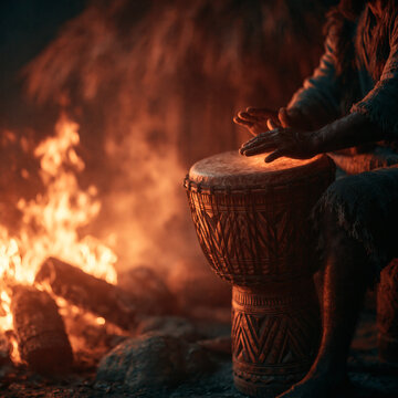 A person plays a traditional carved drum while sitting near a warm glowing campfire during a dark night in a rustic outdoor setting