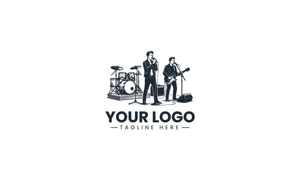 Black Image Vector Logo of Rock Band Concert Performance, Singer Guitarist and Drummer Show Isolated on White Background