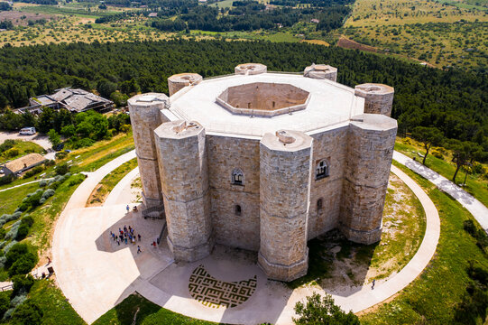 Italy, Province of Barletta-Andria-Trani, Andria, Helicopter view of Castel del Monte in summer