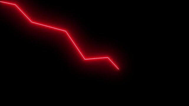 Neon down arrow on a black background displays down . Growing market trend concept. . Glowing Neon dawning arrow animation, unsuccess, Neon dawning arrow animation, unsuccess concept