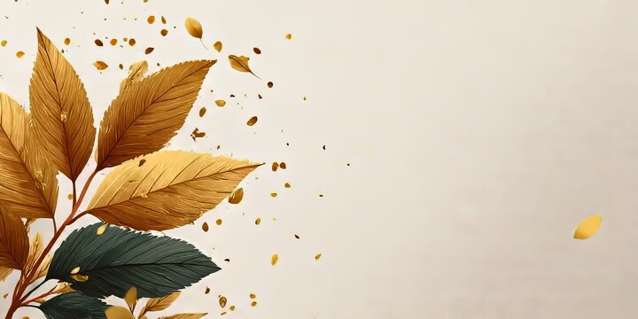 Elegant Autumn Background Featuring Decorative Golden Leaves On A Textured Cream Paper Surface