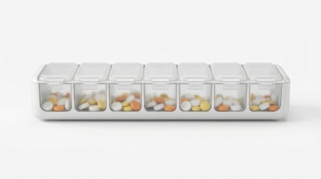 Clear plastic pill organizer with various colorful pills and tablets for medication management