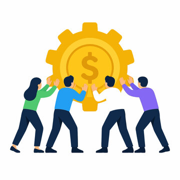 Business Team Collaborating with Gear and Dollar Sign Icon.