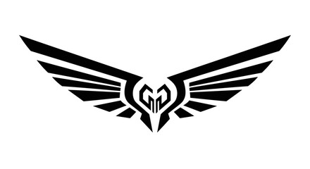 A striking black and white vector graphic featuring a pair of stylized, symmetrical wings with a central shield emblem, evoking a sense of power and flight. © Olivia